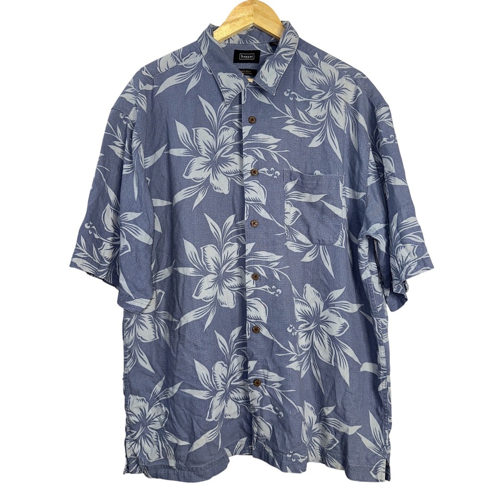 Haggar Mens XL Blue Silk Tropical Hibiscus Floral Short Sleeve Button Up Shirt